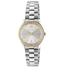 DAMES Gucci Horloges^29 mm roestvrijstalen kast, roségoud vergulde lunet, zilveren wijzerplaat, roestvrijstalen armband, quartz uurwerk