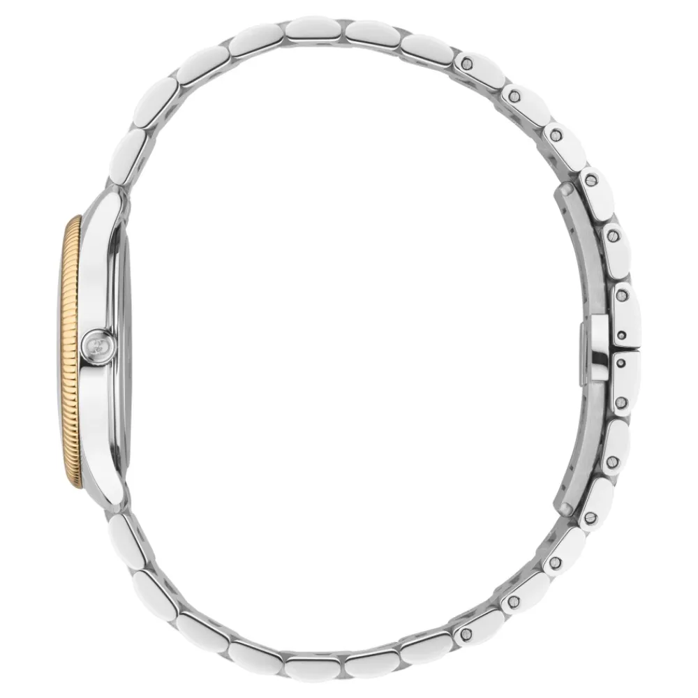 DAMES Gucci Horloges^29 mm roestvrijstalen kast, roségoud vergulde lunet, zilveren wijzerplaat, roestvrijstalen armband, quartz uurwerk