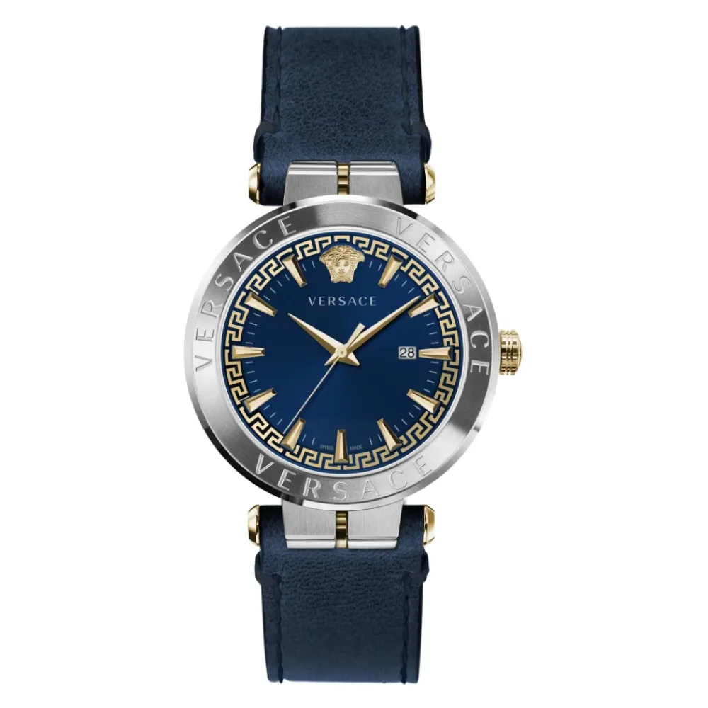 Heren Versace AION Leren Band Blauw Wijzerplaat Horloge