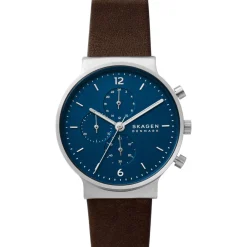 Heren Skagen Horloges^Ancher Leren Horloge Blauwe Wijzerplaat