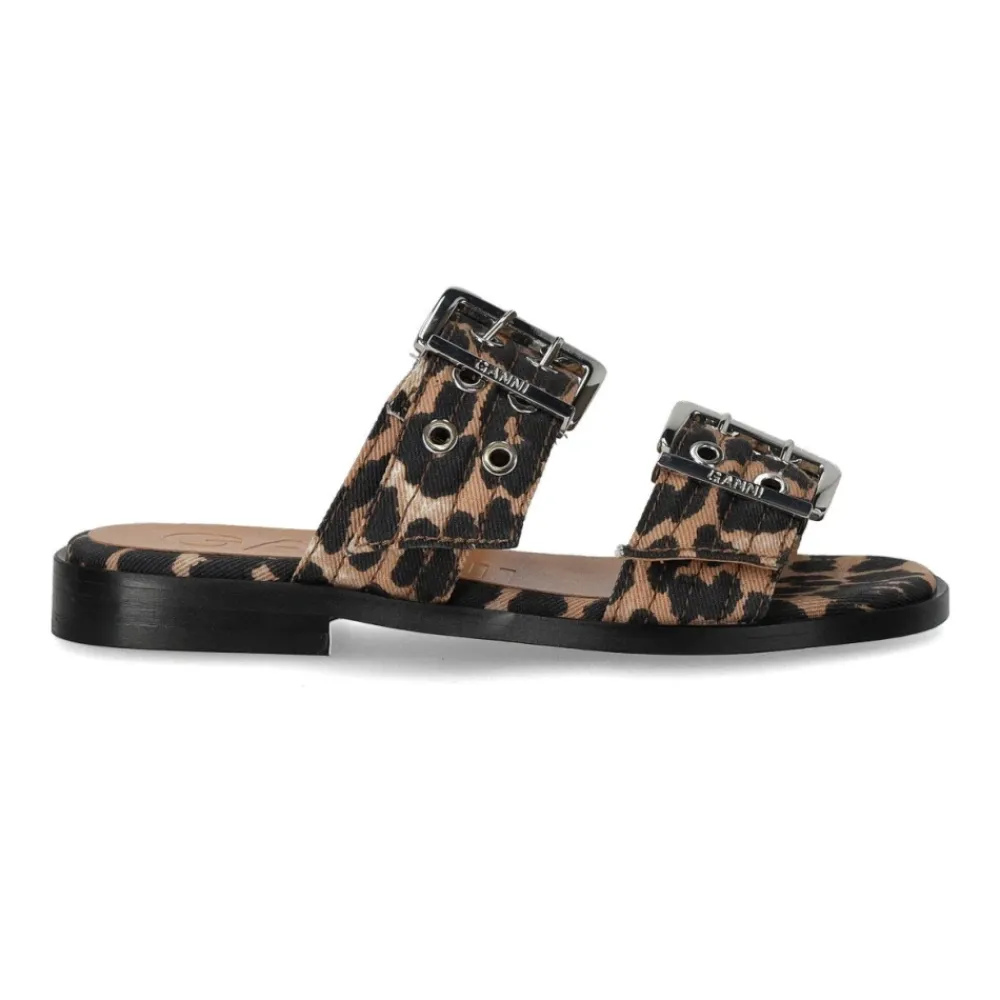 DAMES Ganni Animalier Platte Sandaal met Gespen