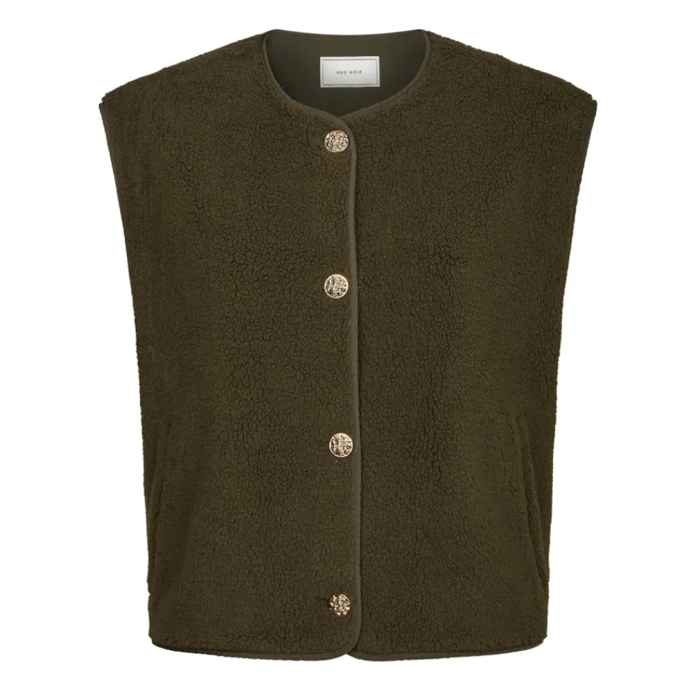 DAMES Neo Noir Army Teddy Vest met Gouden Knopen
