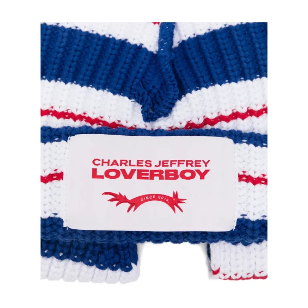 LOVERBOY by Charles Jeffrey Blauwe Gestreepte Katoenen Gebreide Muts met Dierenoren