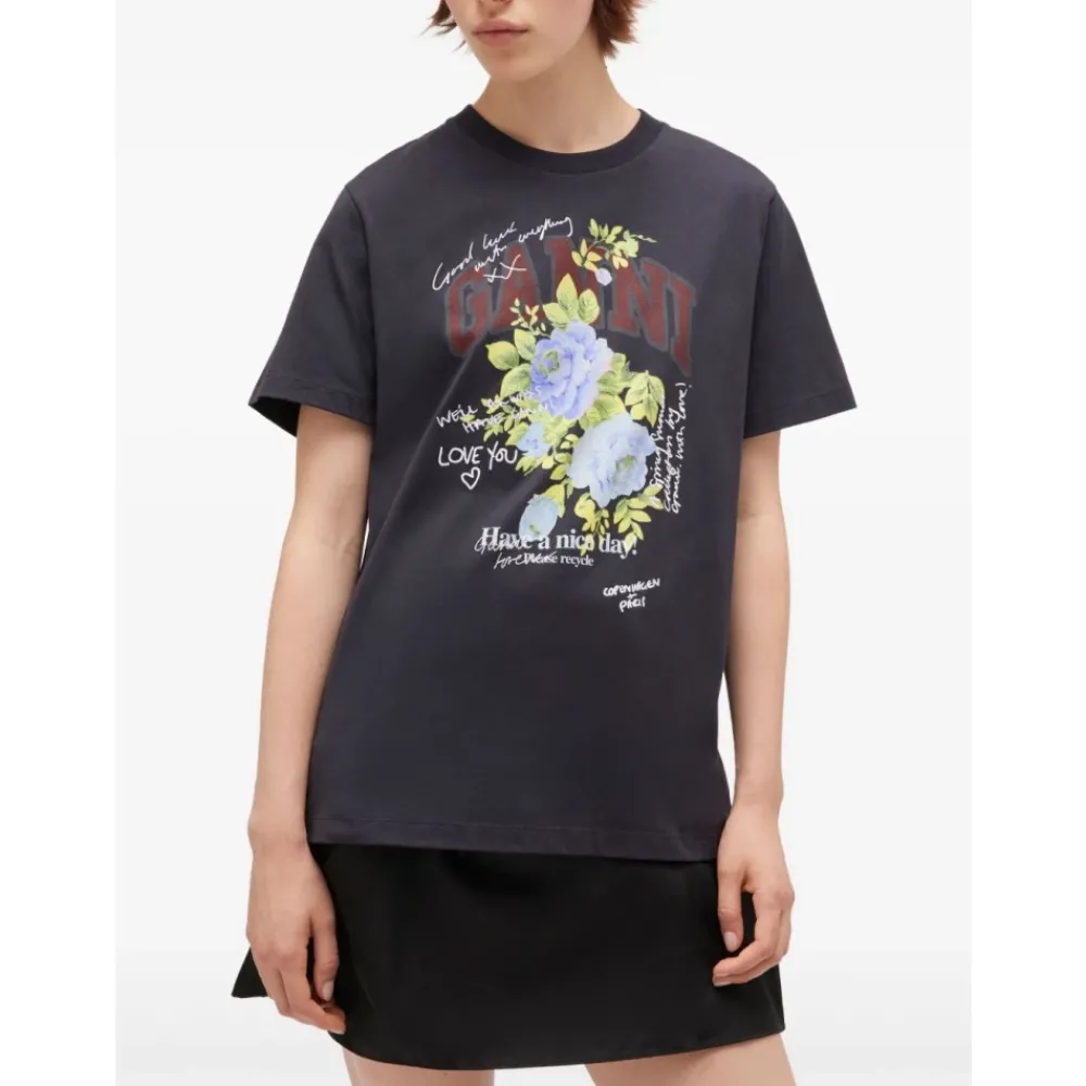 DAMES Ganni Shirts^Bloemen Grafische Print Korte Mouw Tee