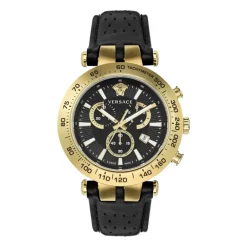 Heren Versace Bold Chrono Zwart Lederen Gouden Horloge