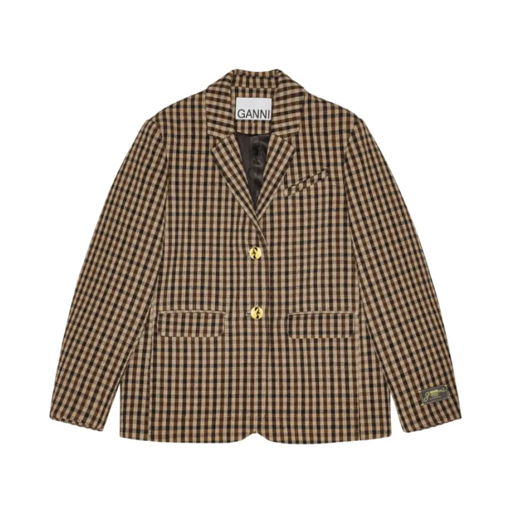DAMES Ganni Jassen^e Gingham Check Jas Gouden Knopen