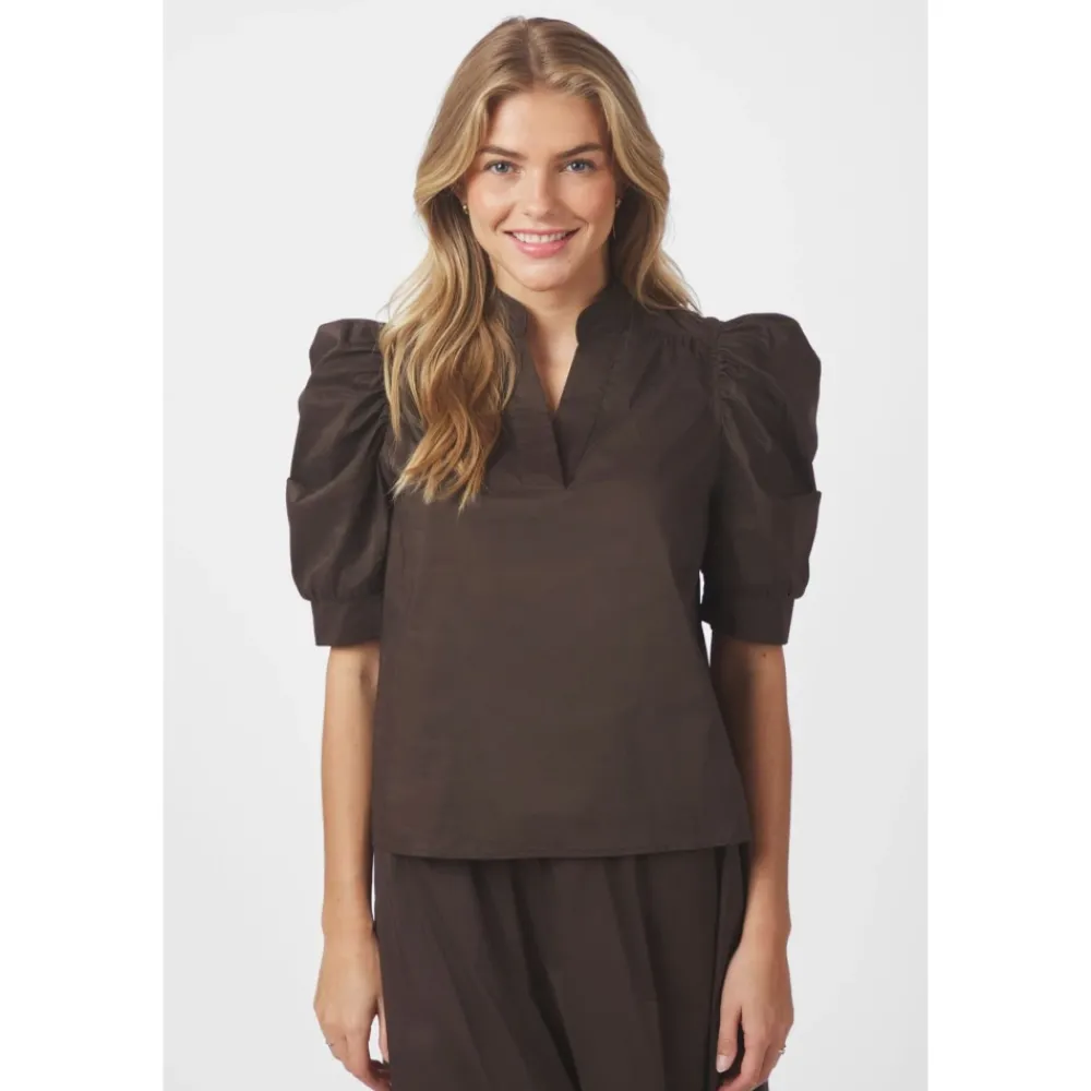 DAMES Neo Noir Blouses^e Poplin Blouse met Gerimpelde Mouwen