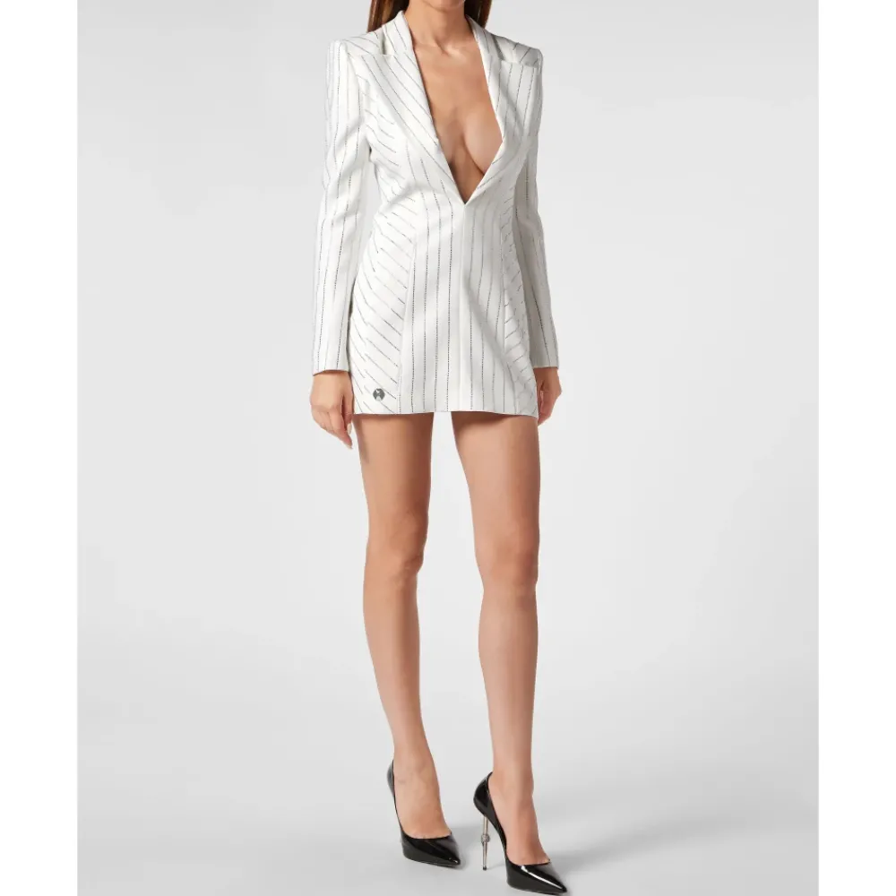 DAMES Philipp Plein Cady Superfitted Jurk Kristal Pinstripe