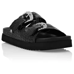 DAMES Philipp Plein Slippers^Croco Printed Leather Sandals Flat Crystal