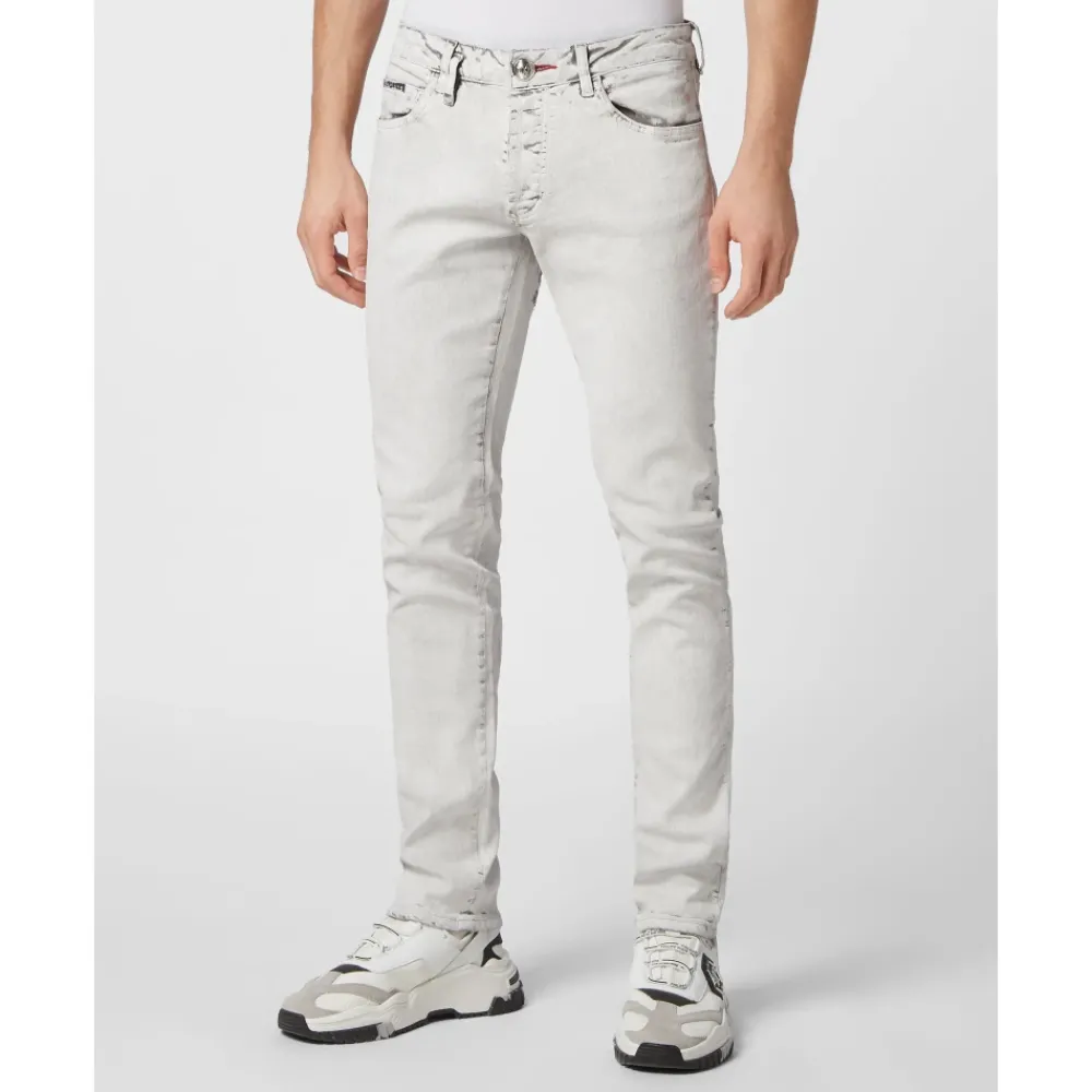 Heren Philipp Plein Jeans^Denim Broek Super Straight Cut Skull&Bones