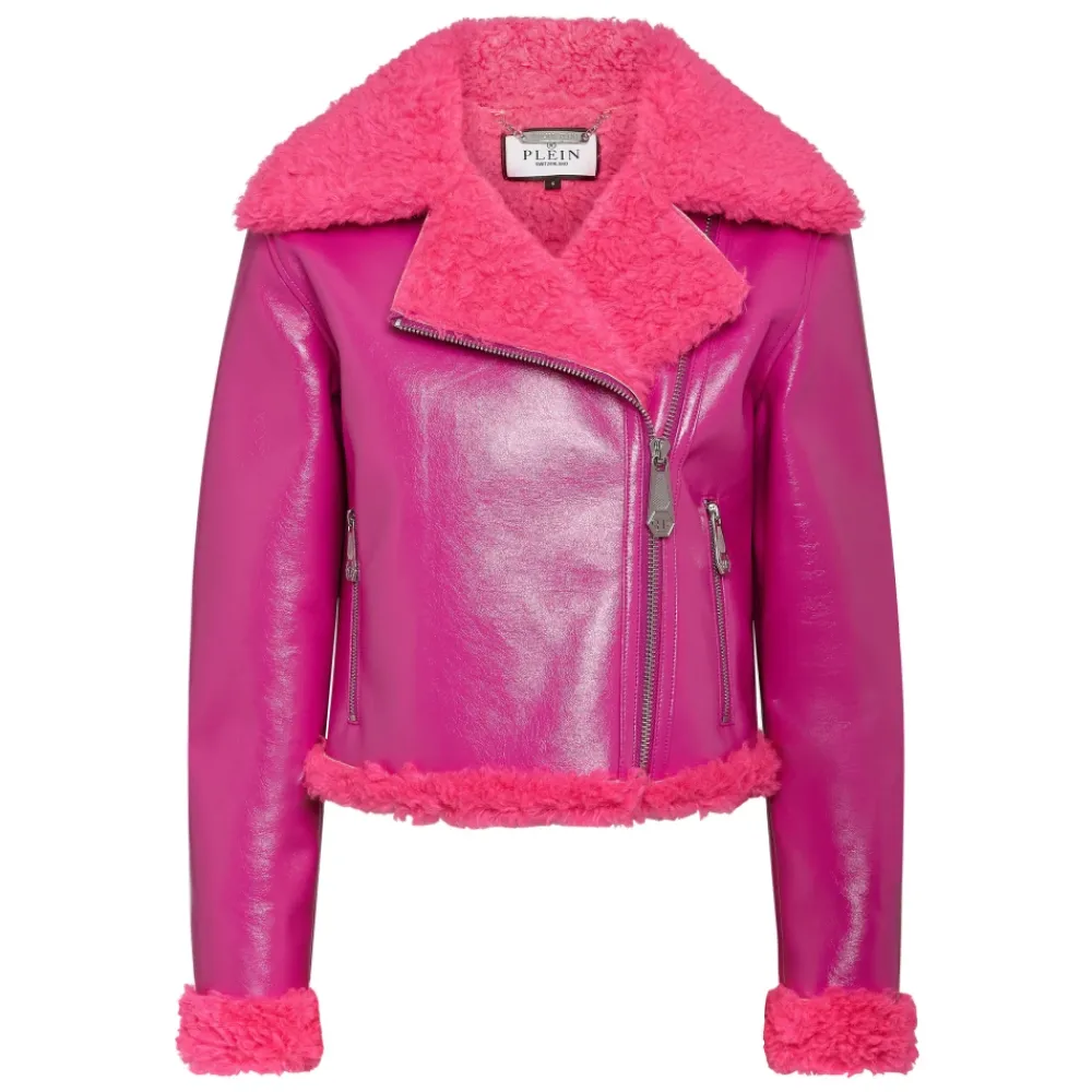 DAMES Philipp Plein Eco Shearling Short Biker Jacket Skull&Bones