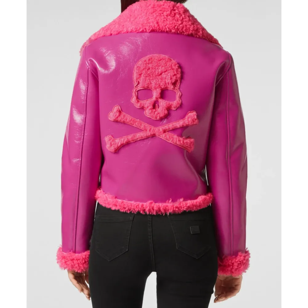 DAMES Philipp Plein Eco Shearling Short Biker Jacket Skull&Bones
