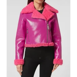 DAMES Philipp Plein Eco Shearling Short Biker Jacket Skull&Bones