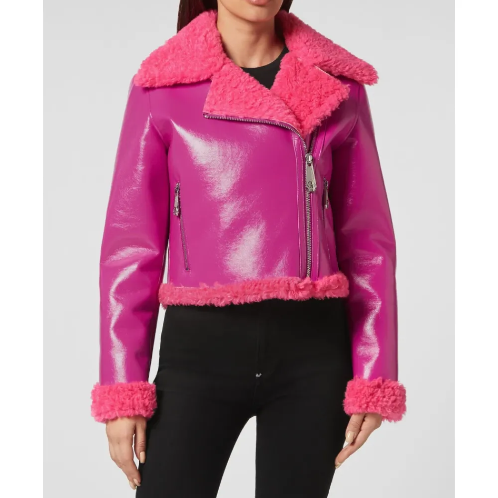 DAMES Philipp Plein Eco Shearling Short Biker Jacket Skull&Bones