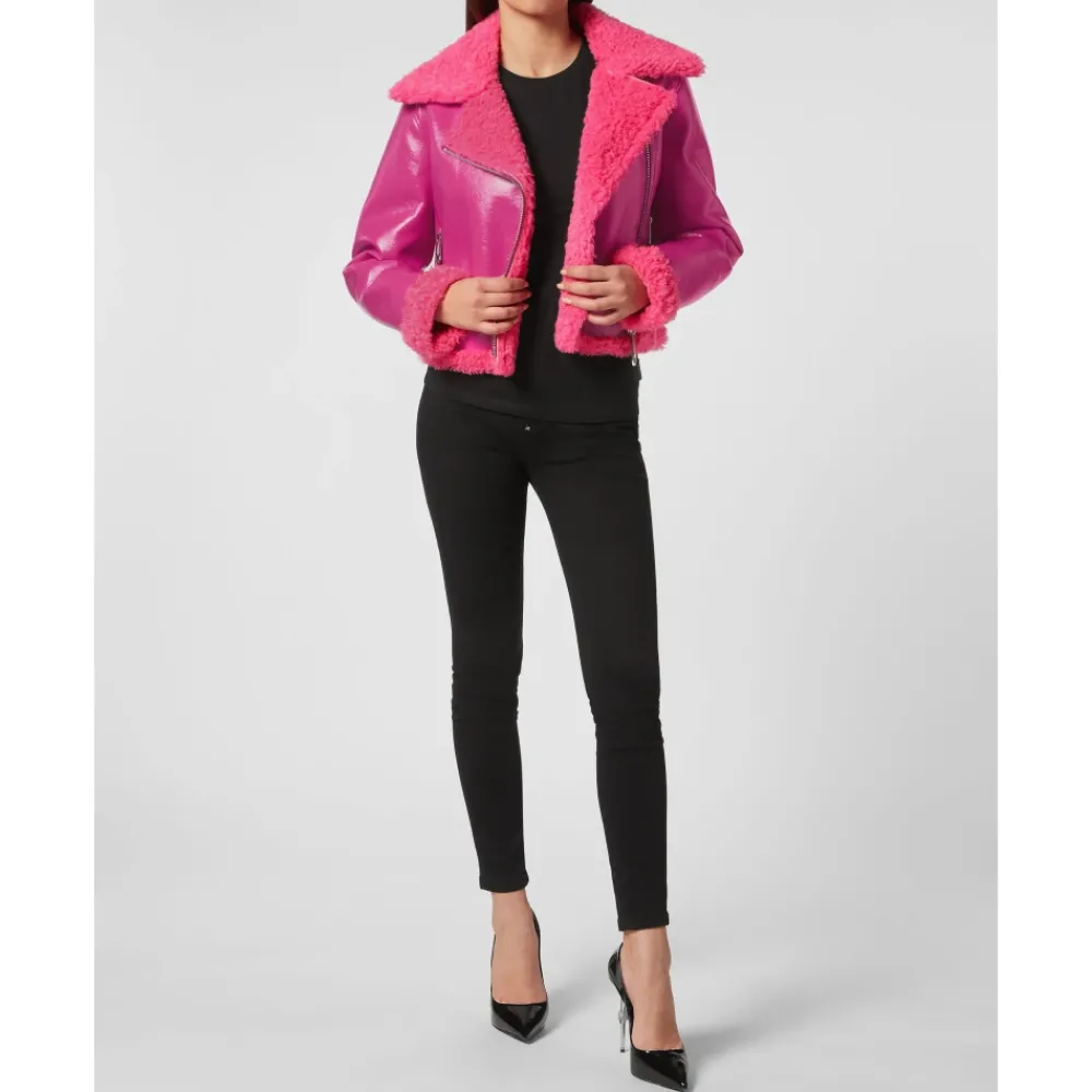 DAMES Philipp Plein Eco Shearling Short Biker Jacket Skull&Bones