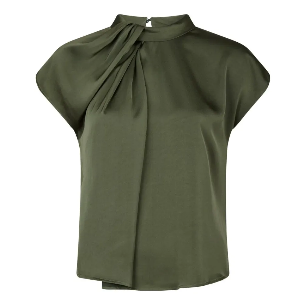 DAMES Neo Noir Blouses^Elegante Drapy Satin Blouse met Knoopdetail