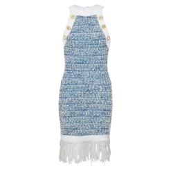 DAMES Balmain Jurken^Gefranjde denim tweed jurk