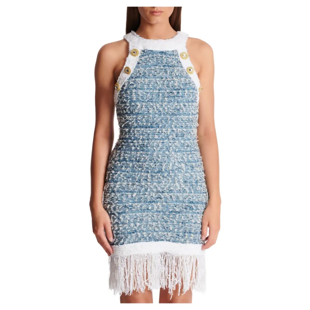 DAMES Balmain Jurken^Gefranjde denim tweed jurk