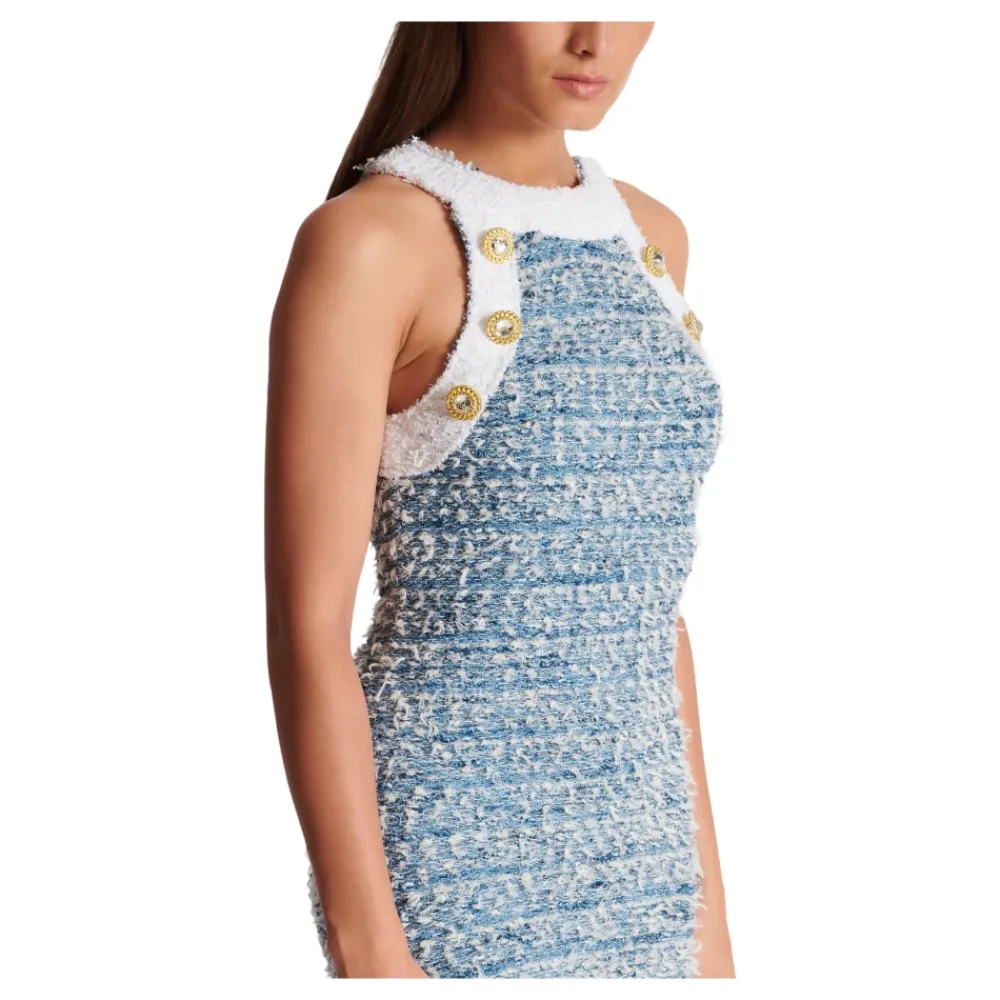 DAMES Balmain Jurken^Gefranjde denim tweed jurk