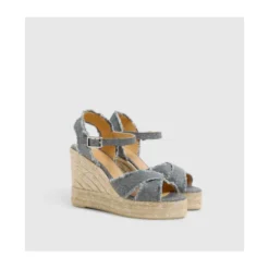 DAMES Castañer Sleehakken^Gekruiste Band Donker Zilveren Espadrille