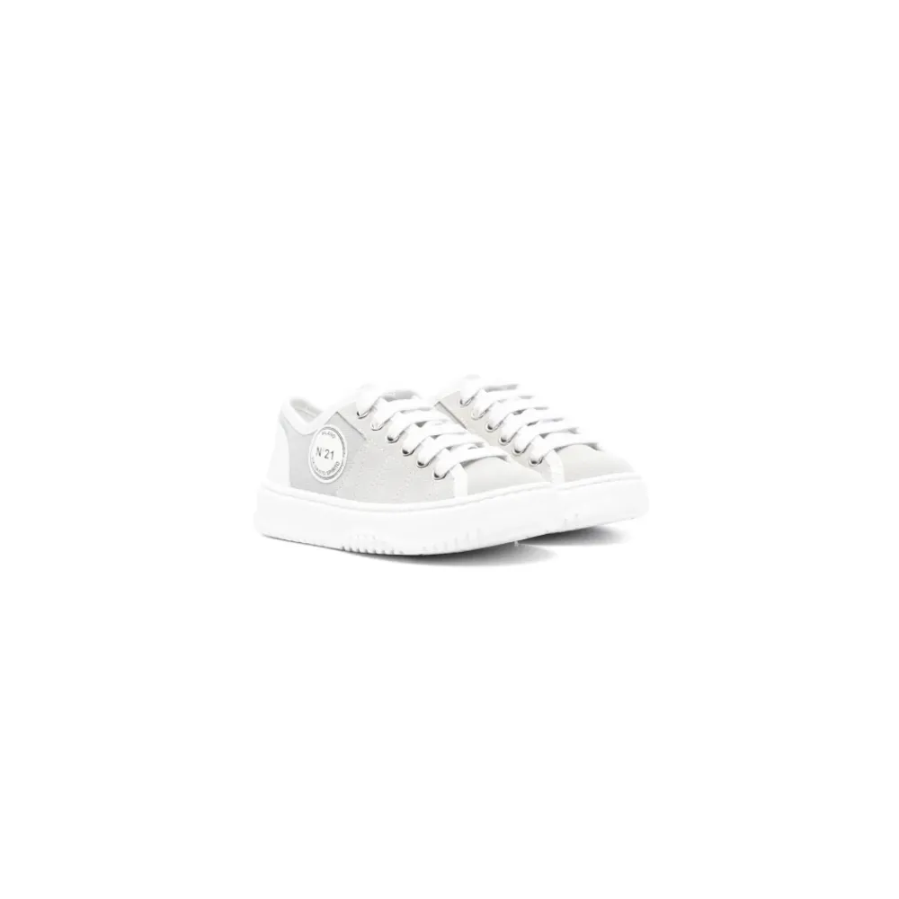N21 Sneakers^Grijze Leren Sneakers Ronde Neus Logo Patch