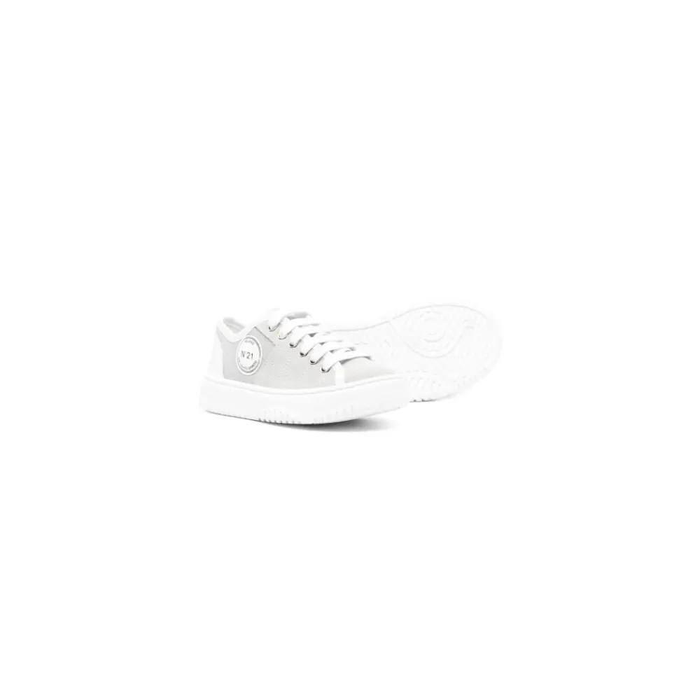 N21 Sneakers^Grijze Leren Sneakers Ronde Neus Logo Patch