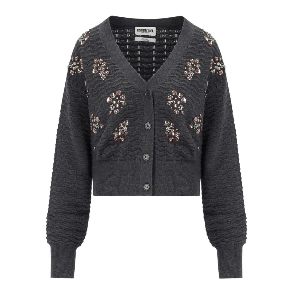 DAMES Essentiel Antwerp Truien & Vesten^Grijze wollen cardigan met juweeldetails