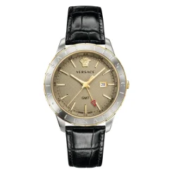 Heren Versace Horloges^Herenhorloge Zwart Leer Goud Zilver GMT