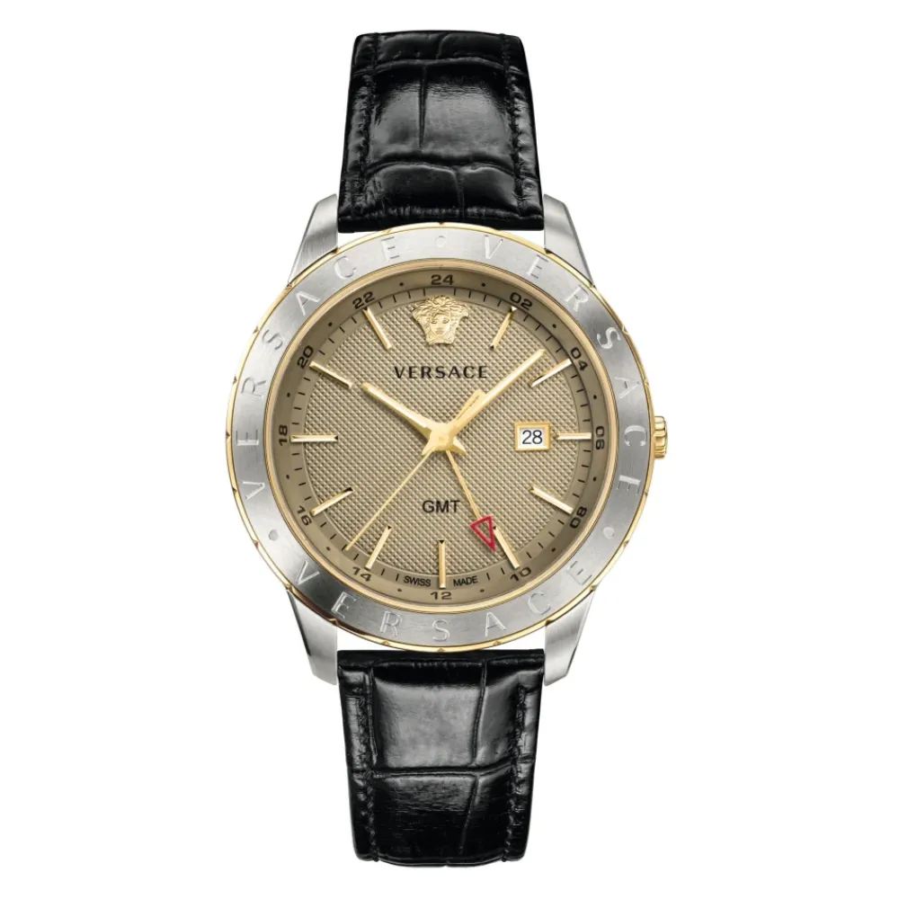 Heren Versace Horloges^Herenhorloge Zwart Leer Goud Zilver GMT