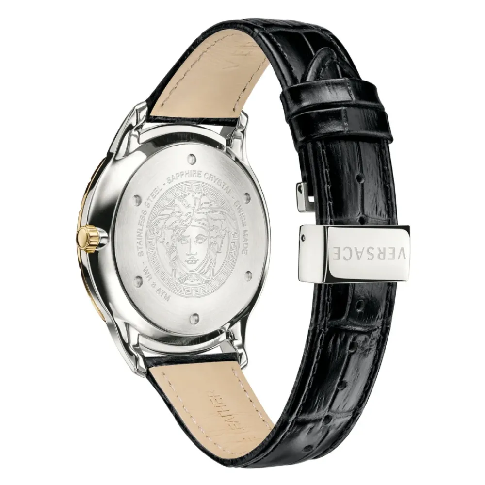 Heren Versace Horloges^Herenhorloge Zwart Leer Goud Zilver GMT