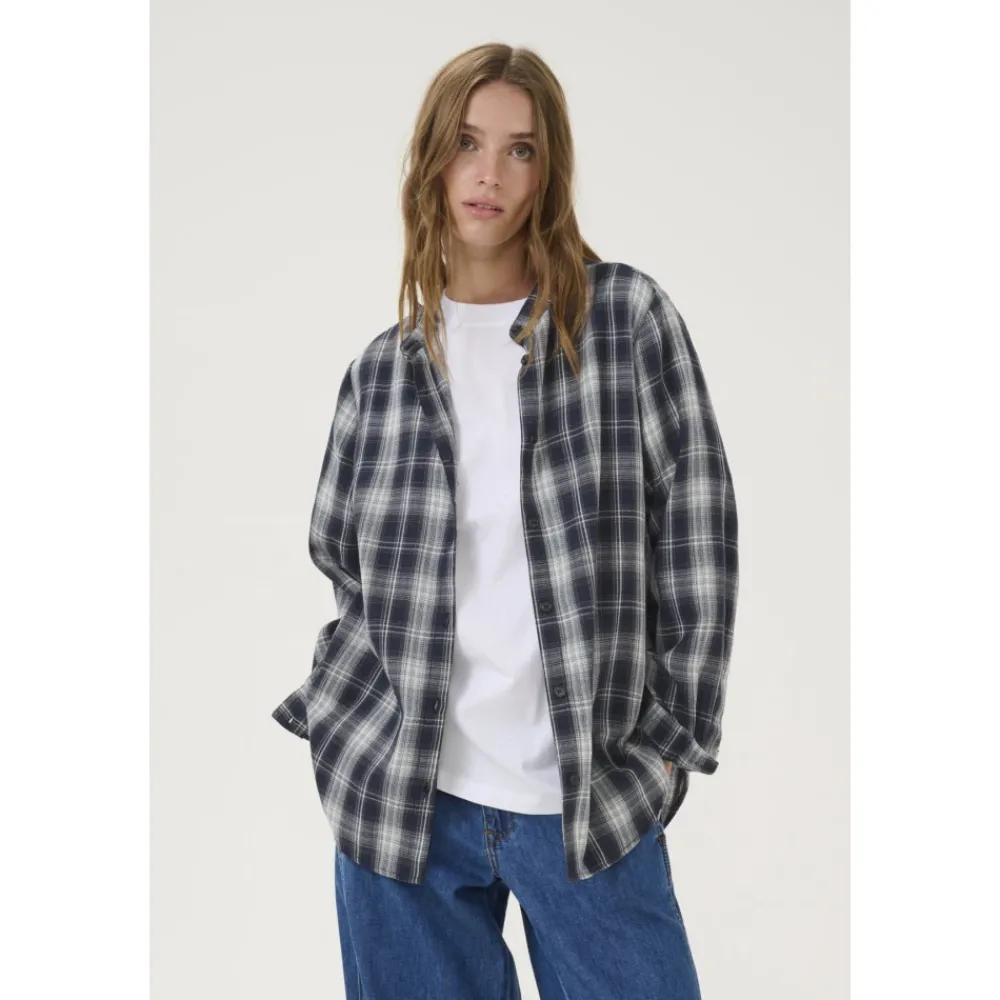 DAMES My Essential Wardrobe Klassieke Shirt Donker Saffierblauw Geruit