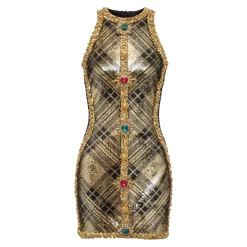 DAMES Balmain Jurken^Korte mouwloze jurk met geruite borduursels