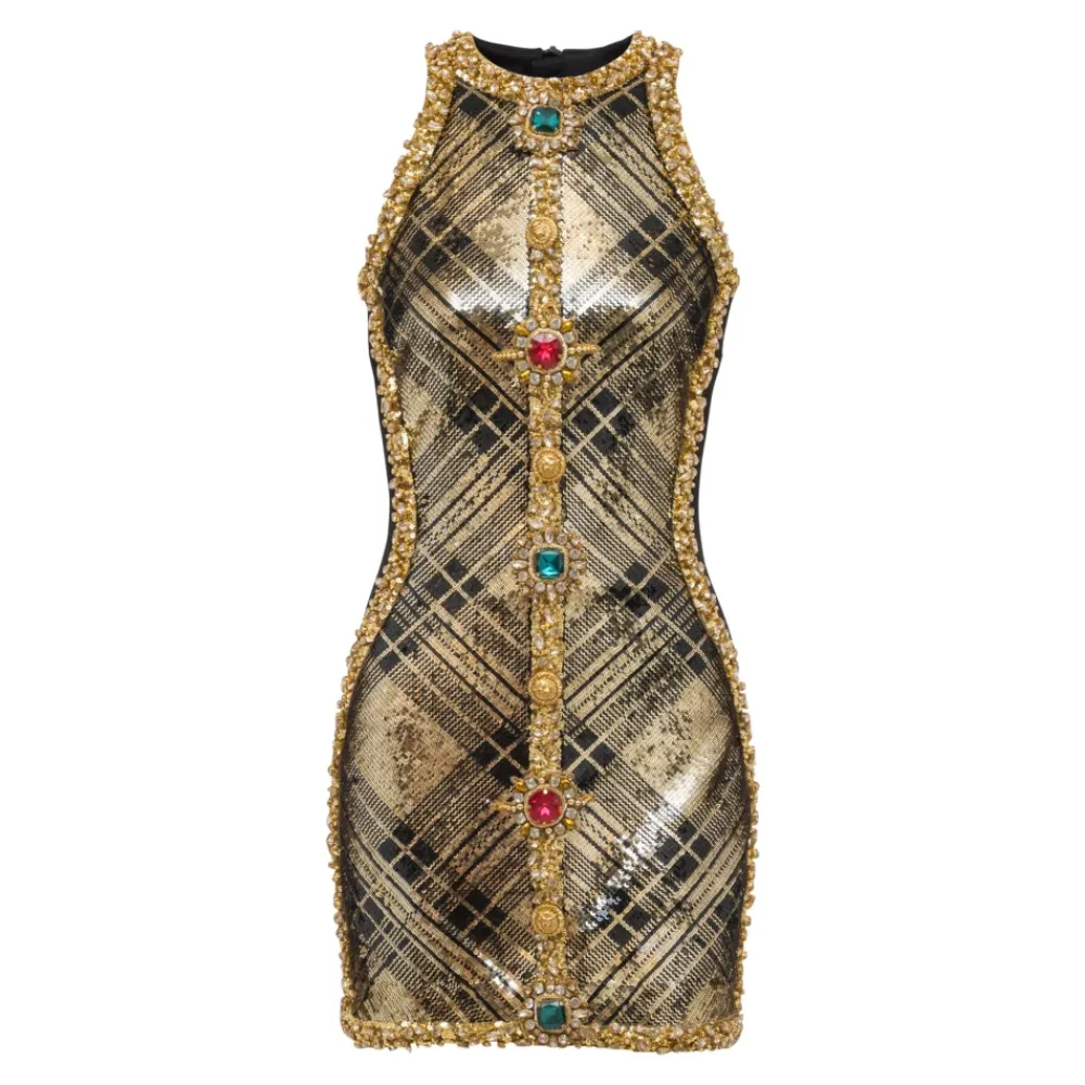 DAMES Balmain Jurken^Korte mouwloze jurk met geruite borduursels