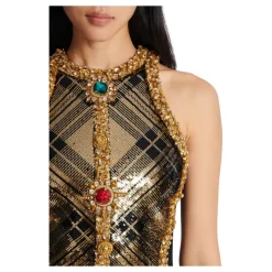 DAMES Balmain Jurken^Korte mouwloze jurk met geruite borduursels