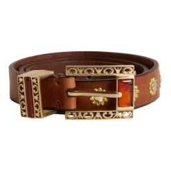 DAMES Golden Goose Riemen^Leren riem met versierde gesp, gouden en zilverkleurige metalen bloemvormige studs, amberkleurige inzetstukken op de gesp