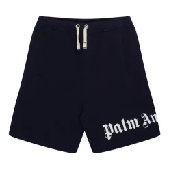 Palm Angels Broeken & Jeans^Logo Print Navy Blue Cotton Shorts