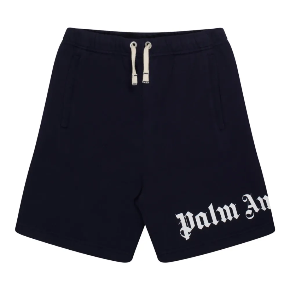 Palm Angels Broeken & Jeans^Logo Print Navy Blue Cotton Shorts