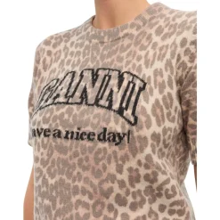 DAMES Ganni Luipaardprint Grafische Wollen Mix T-shirt