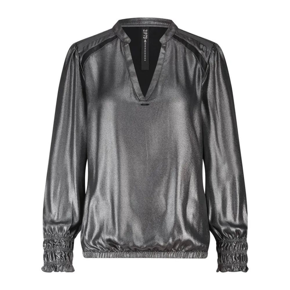 DAMES Zip73 Metallic Grey Leren Detail Longsleeve Top