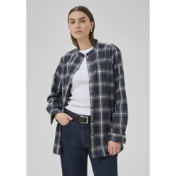 DAMES My Essential Wardrobe Midnight Check Shirt met Mandarin Kraag