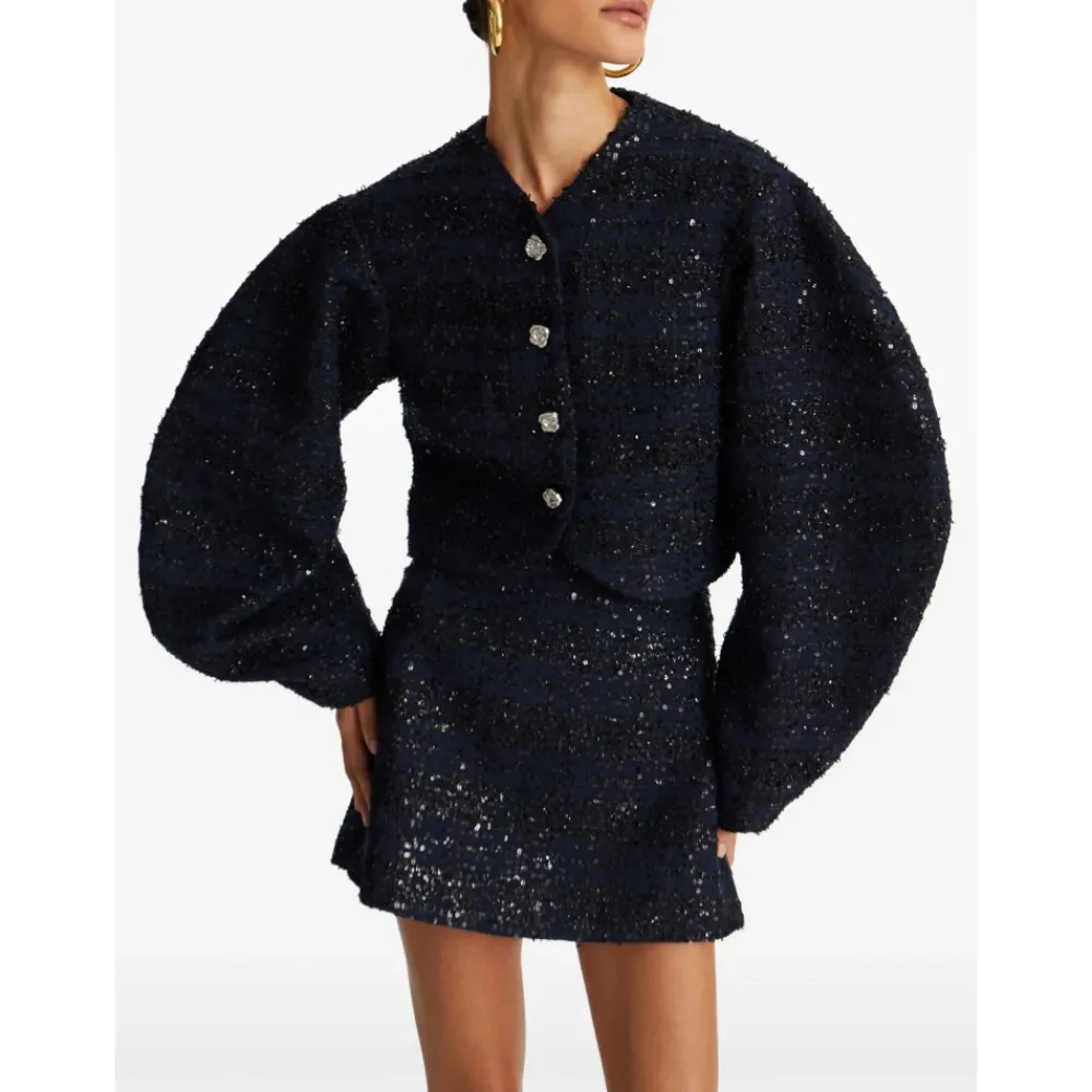 DAMES ROTATE Birger Christensen Paillet Boucle Kort Jack met Pofmouwen