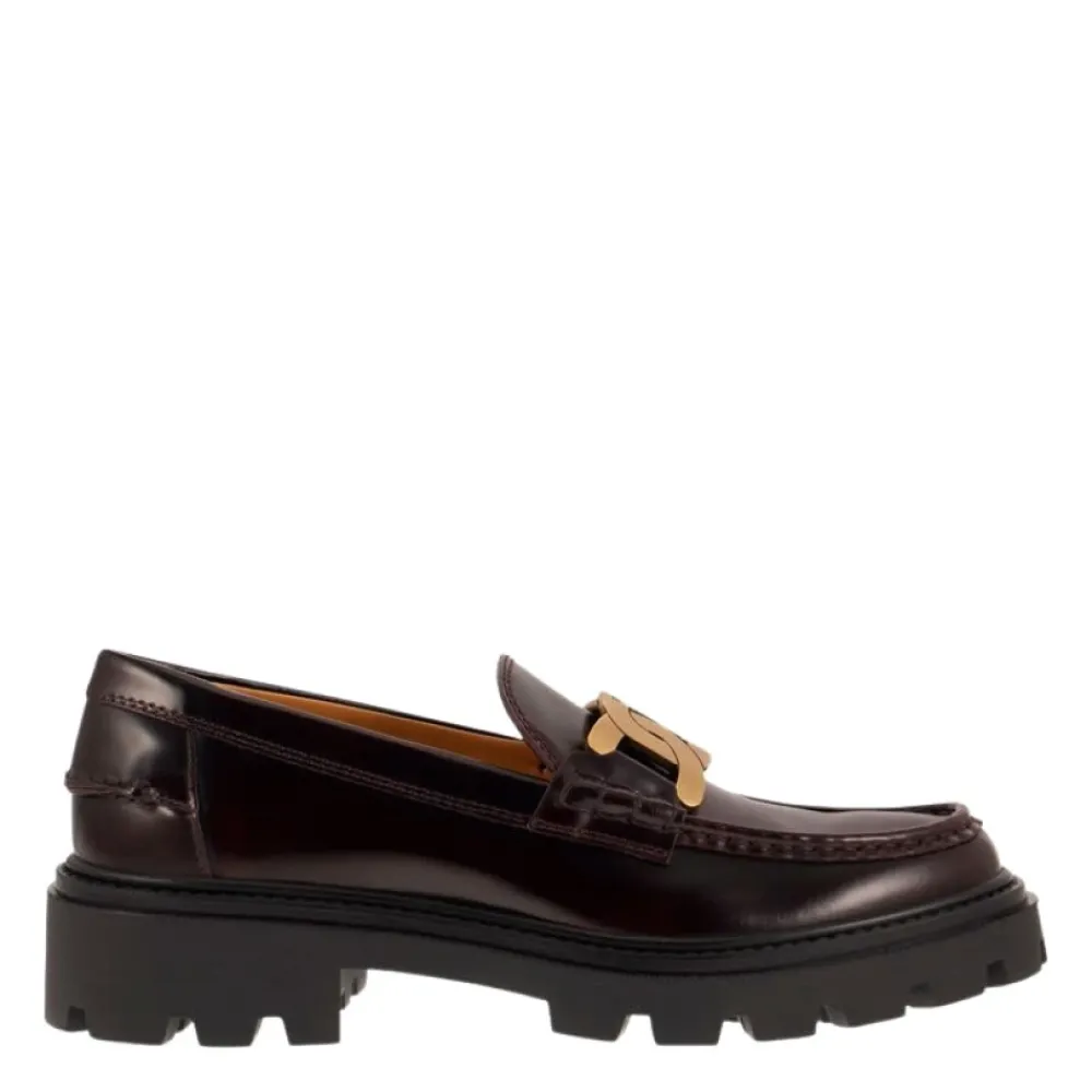DAMES Tod's Loafers^Semi-Glanzende Leren Moccasin met Metalen T-Ketting