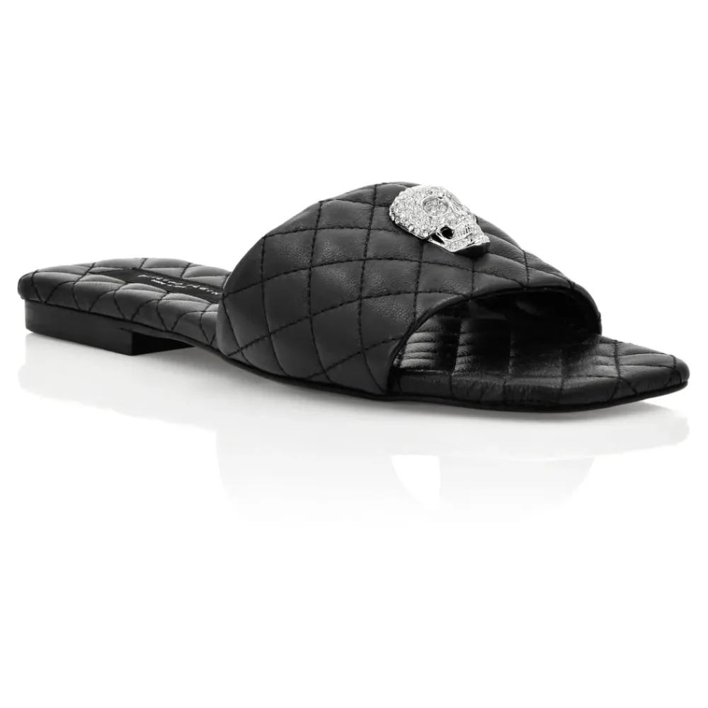 DAMES Philipp Plein Slippers^Skull-embellished Quilted Leather Slides