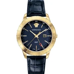 Heren Versace Horloges^UNIVERS GMT blauw goud leren horloge