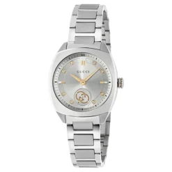 DAMES Gucci YA142510 - Interlocking 29mm roestvrijstalen kast, zilveren zon geborstelde wijzerplaat met 8 diamanten en roze goud vergulde details, kleine secondeweergave, roestvrijstalen armband