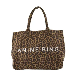 DAMES Anine Bing Shoppers^Zwarte katoenen shopper tas met luipaard
